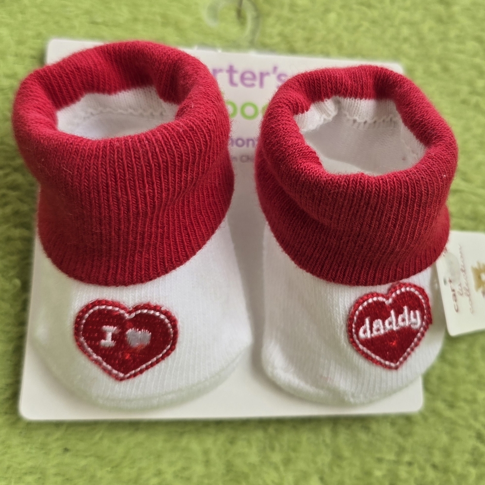 NWT  NEWBORN - 3M Red + White Baby BOOTIE Socks I LOVE DADDY (Q2)